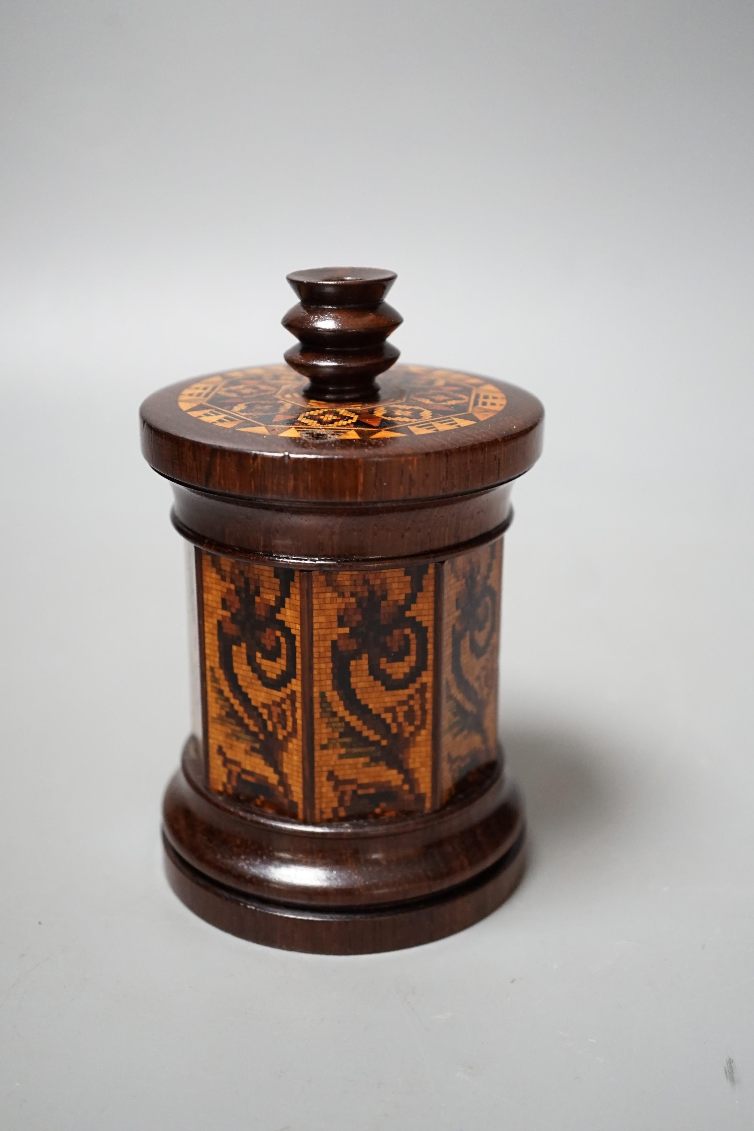 A Tunbridge ware rosewood tesserae mosaic sewing thread box with taperstick top, 13.5cm high